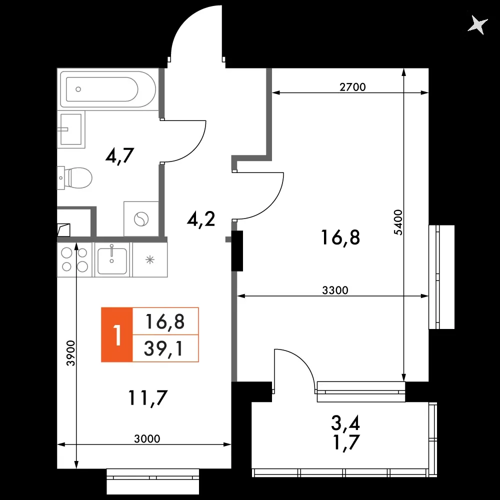 1-комнатная, 39,5 м² — 7 395 609 ₽