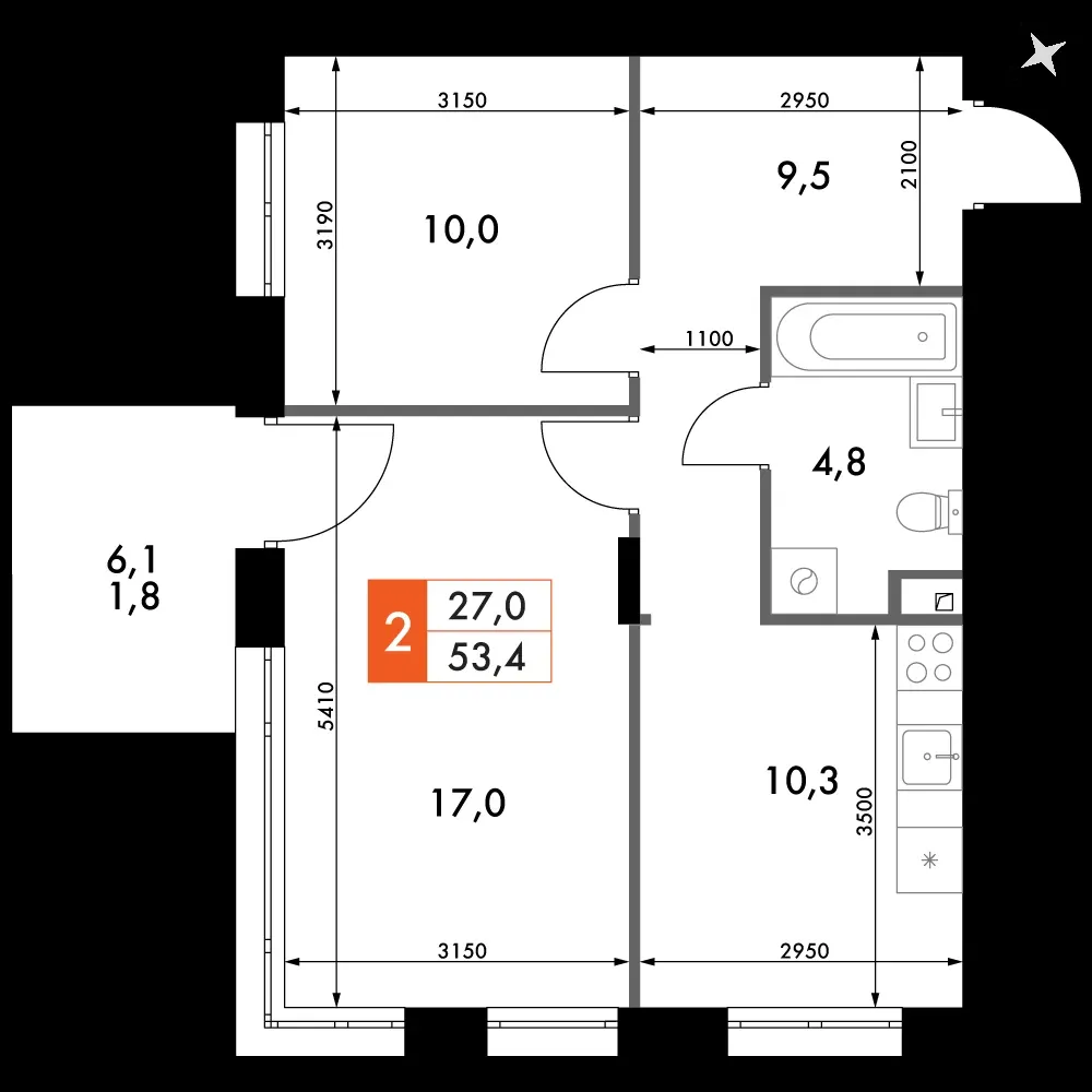 2-комнатная, 53,5 м² — 9 357 616 ₽