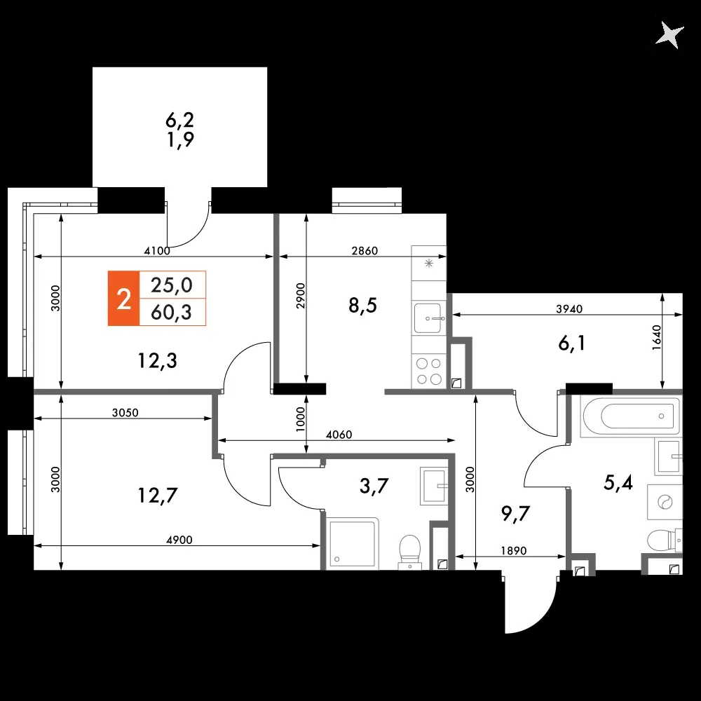 2-комнатная, 60,8 м² — 10 700 113 ₽