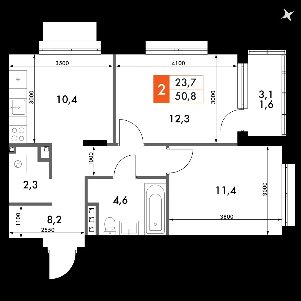 2-комнатная, 51 м² — 8 851 494 ₽