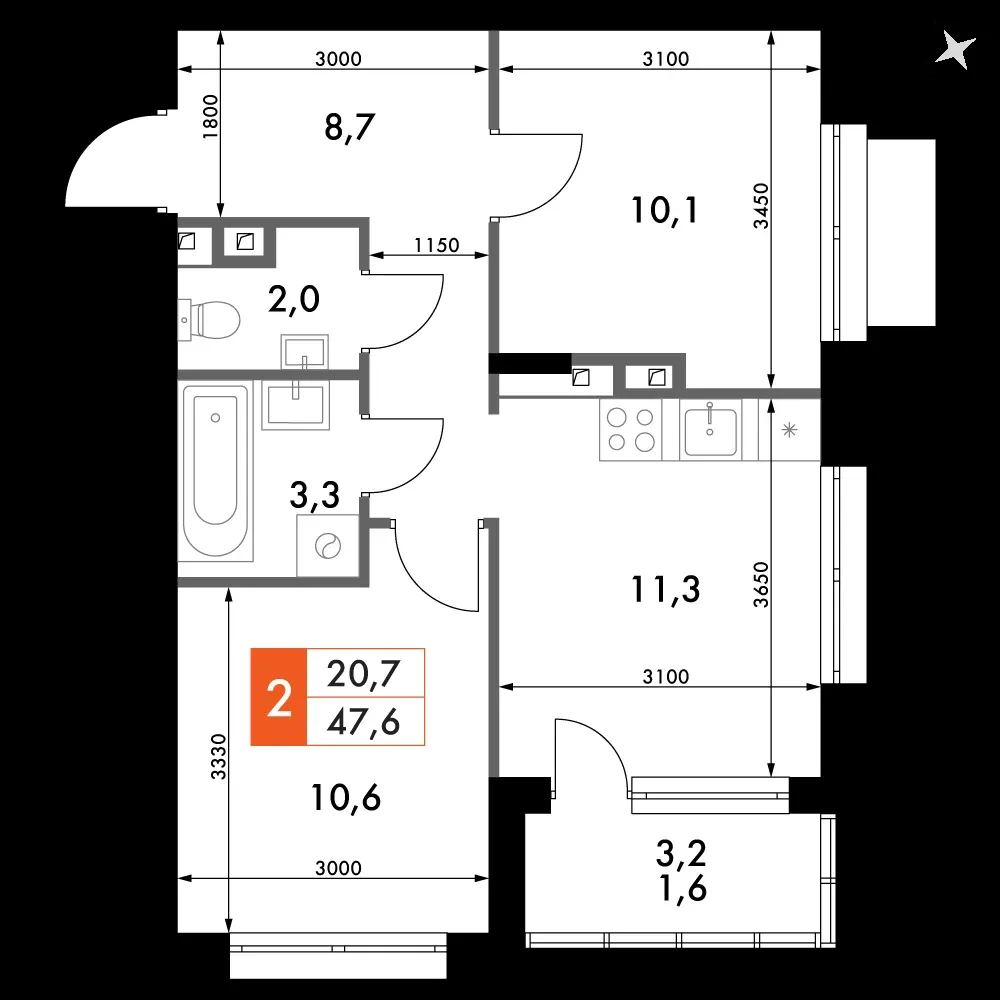 2-комнатная, 47,8 м² — 8 540 029 ₽