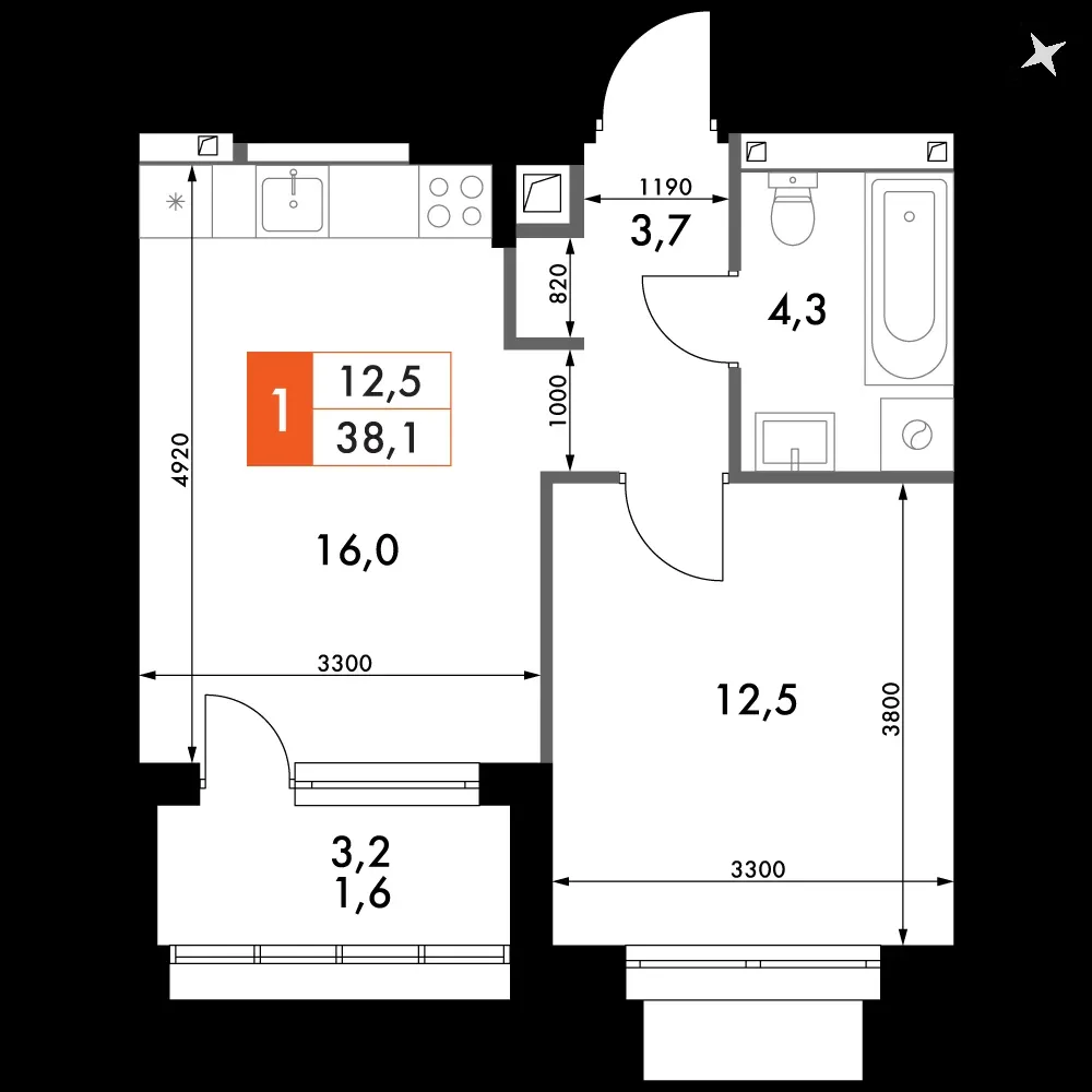 1-комнатная, 38,1 м² — 7 166 473 ₽