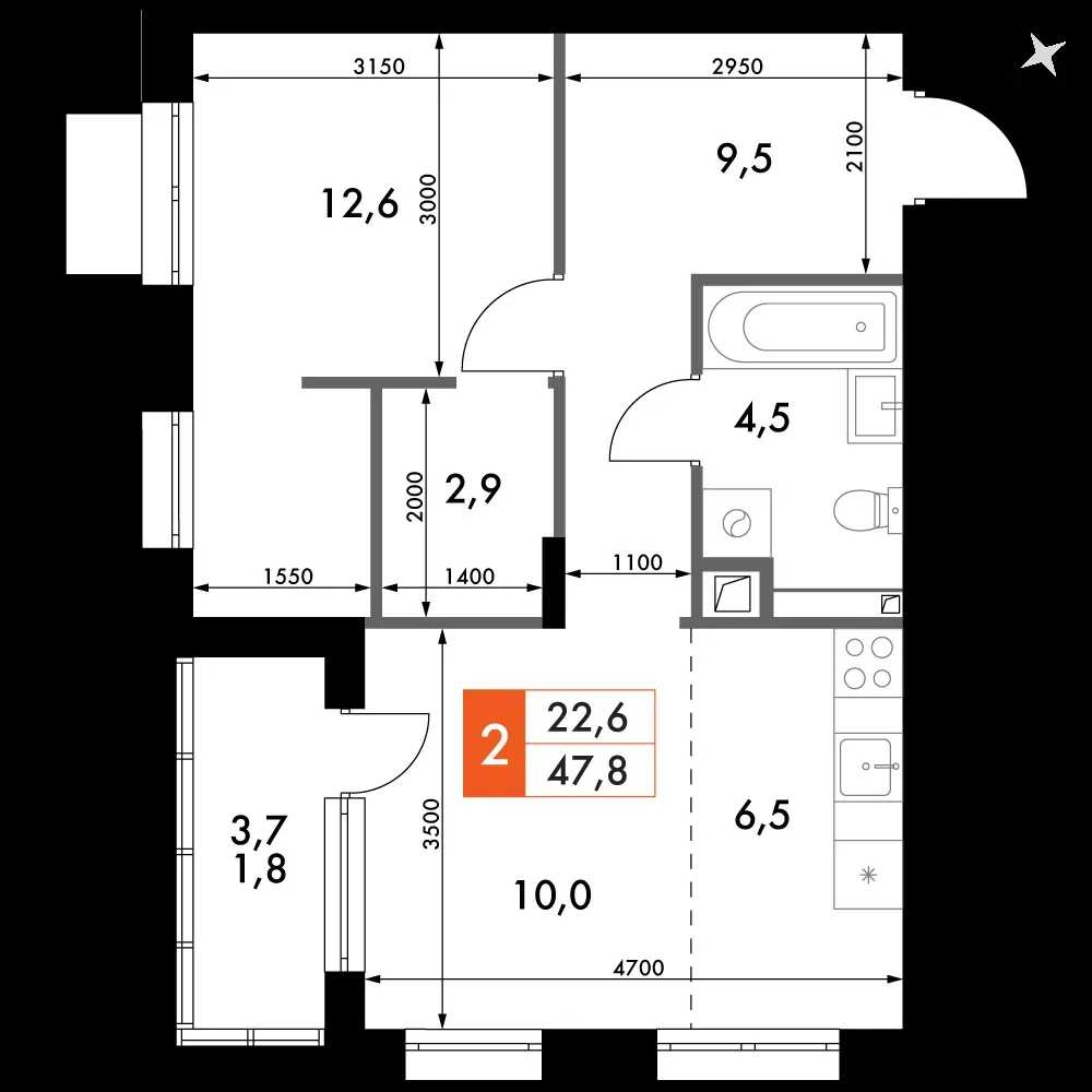 2-комнатная, 48,2 м² — 8 517 966 ₽