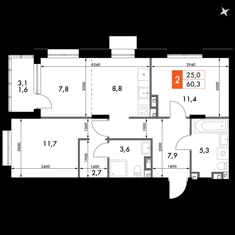 3-комнатная, 61,1 м² — 10 353 572 ₽