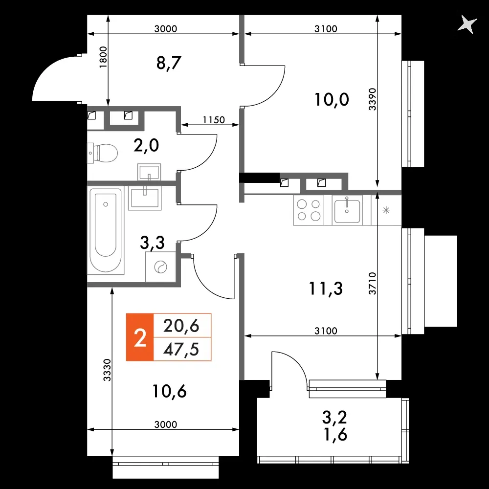 2-комнатная, 47,8 м² — 8 583 049 ₽