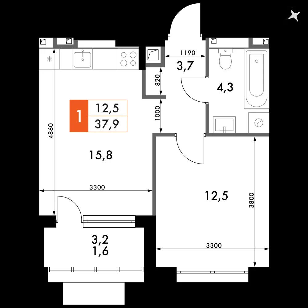 1-комнатная, 38 м² — 7 181 863 ₽