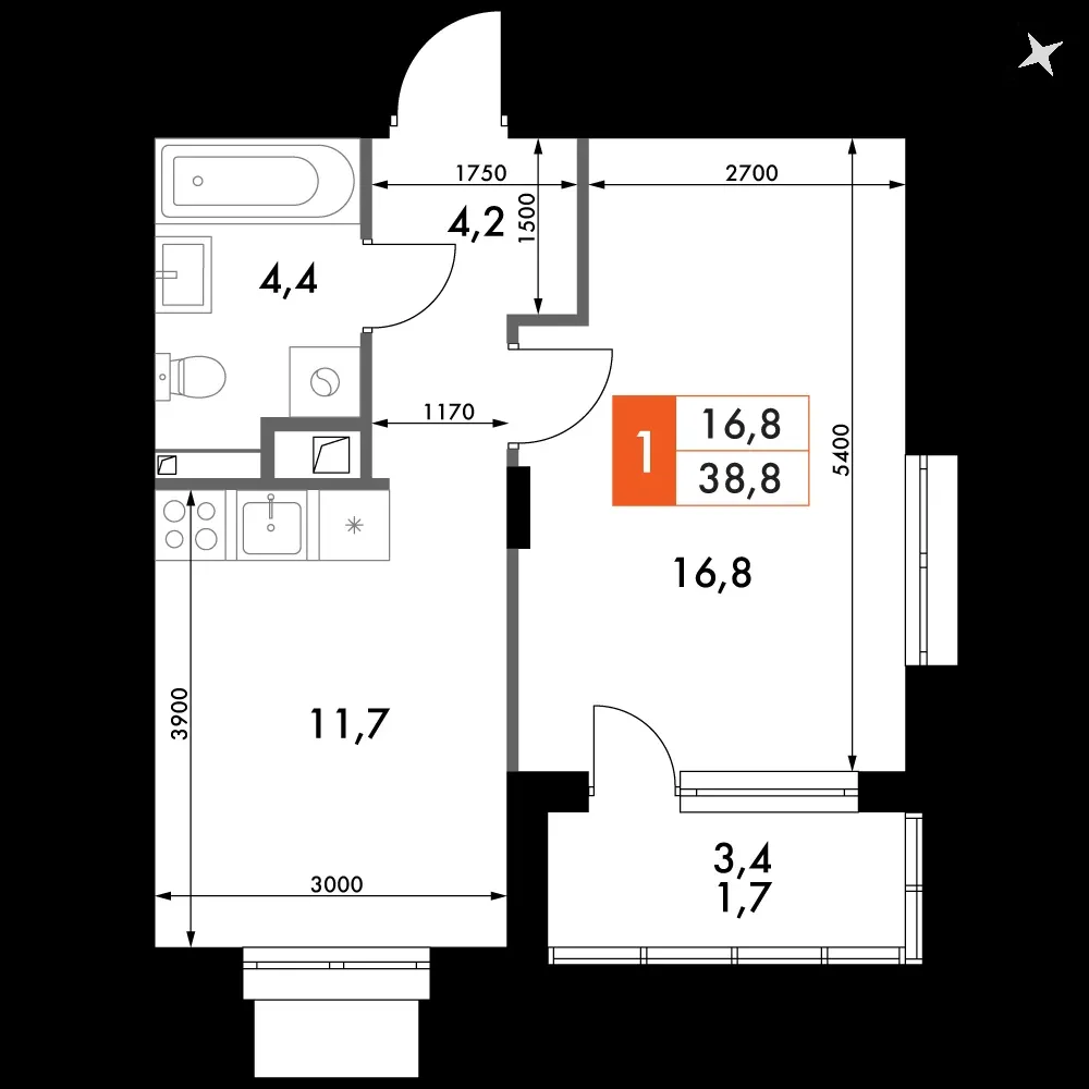 1-комнатная, 39,1 м² — 7 391 096 ₽