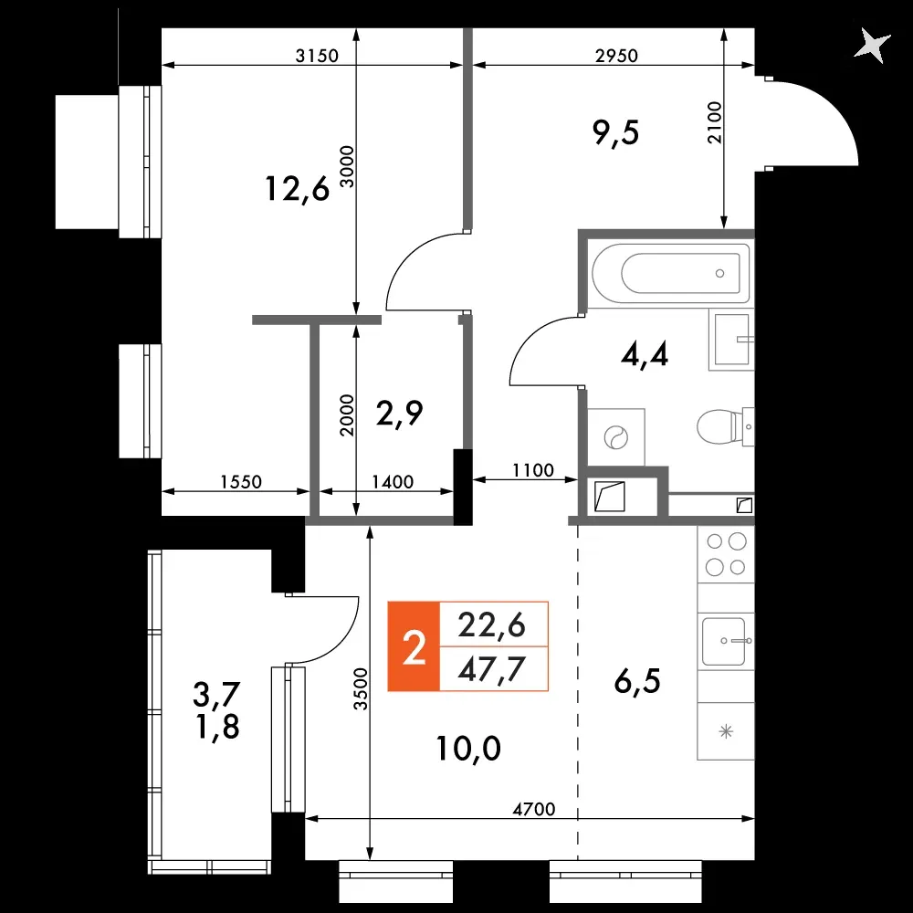 2-комнатная, 48,1 м² — 8 543 585 ₽