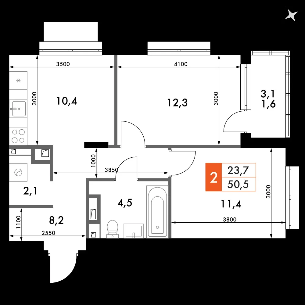 2-комнатная, 50,7 м² — 8 890 686 ₽