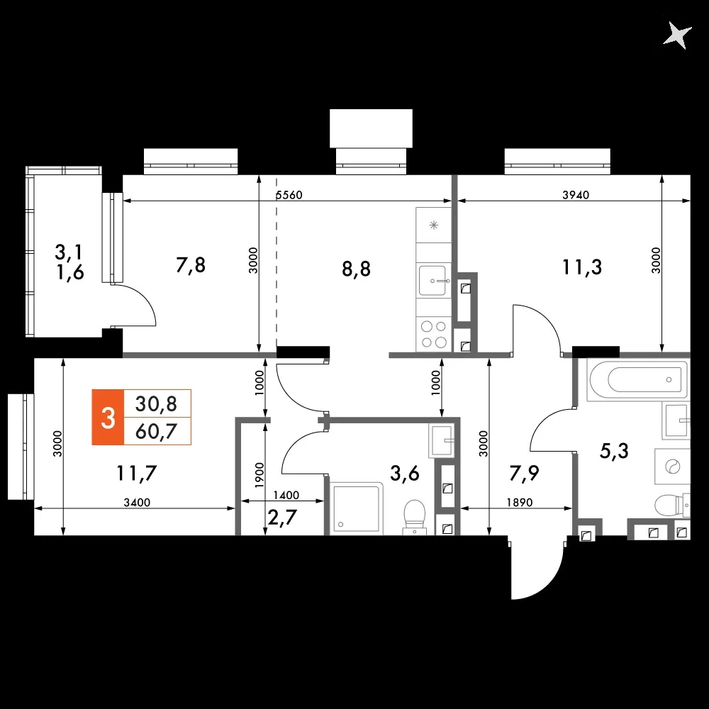 3-комнатная, 61 м² — 10 391 527 ₽