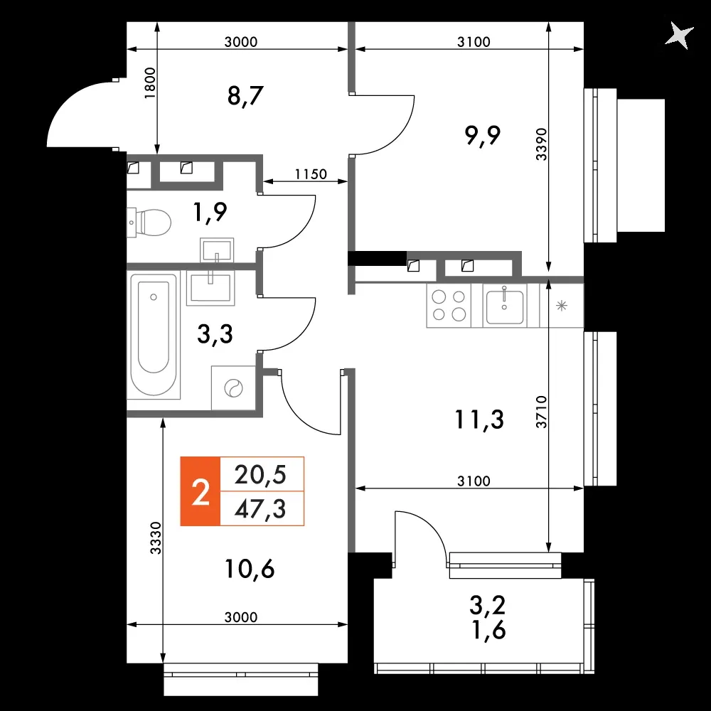 2-комнатная, 47,7 м² — 8 608 023 ₽
