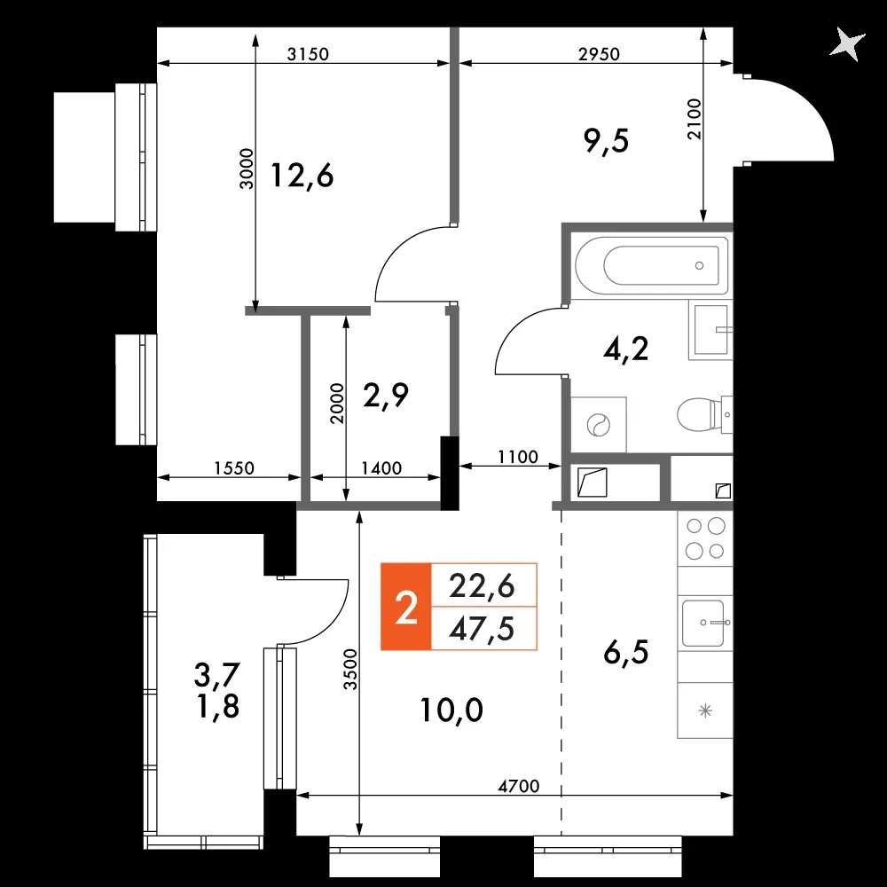 2-комнатная, 47,6 м² — 8 497 614 ₽