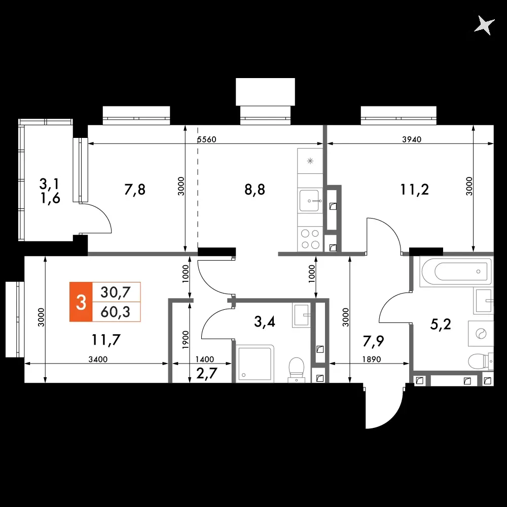 3-комнатная, 60,9 м² — 10 429 302 ₽