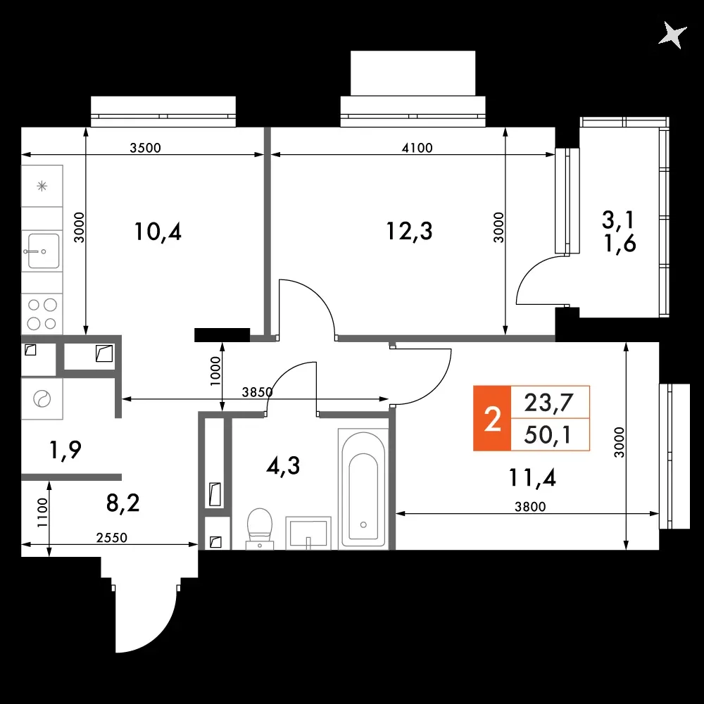 2-комнатная, 50,7 м² — 8 936 316 ₽