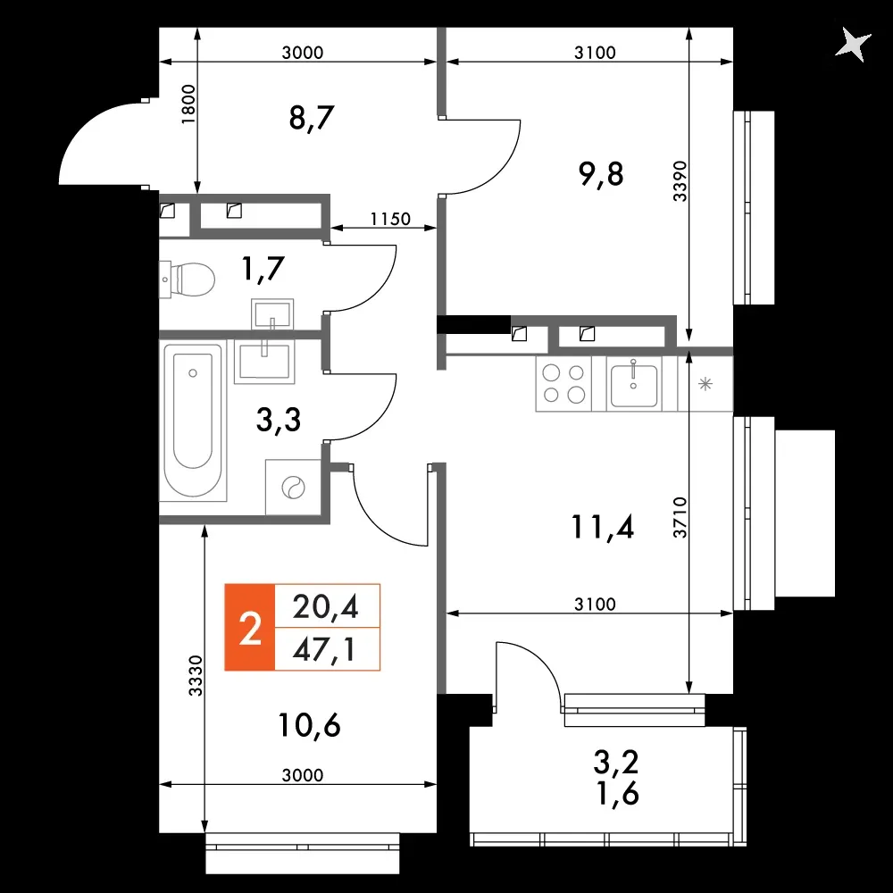 2-комнатная, 47,6 м² — 8 632 817 ₽