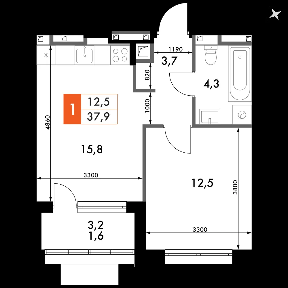 1-комнатная, 38 м² — 7 250 263 ₽