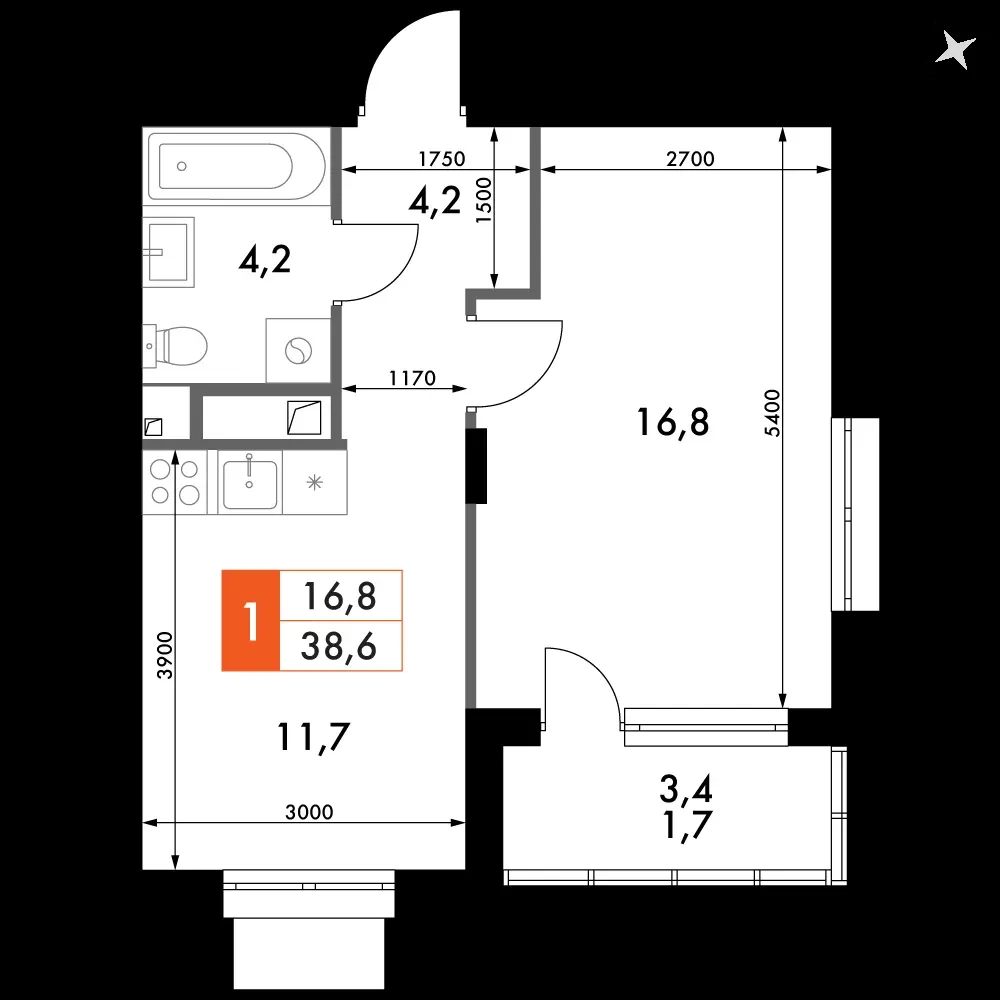 1-комнатная, 38,6 м² — 7 366 061 ₽