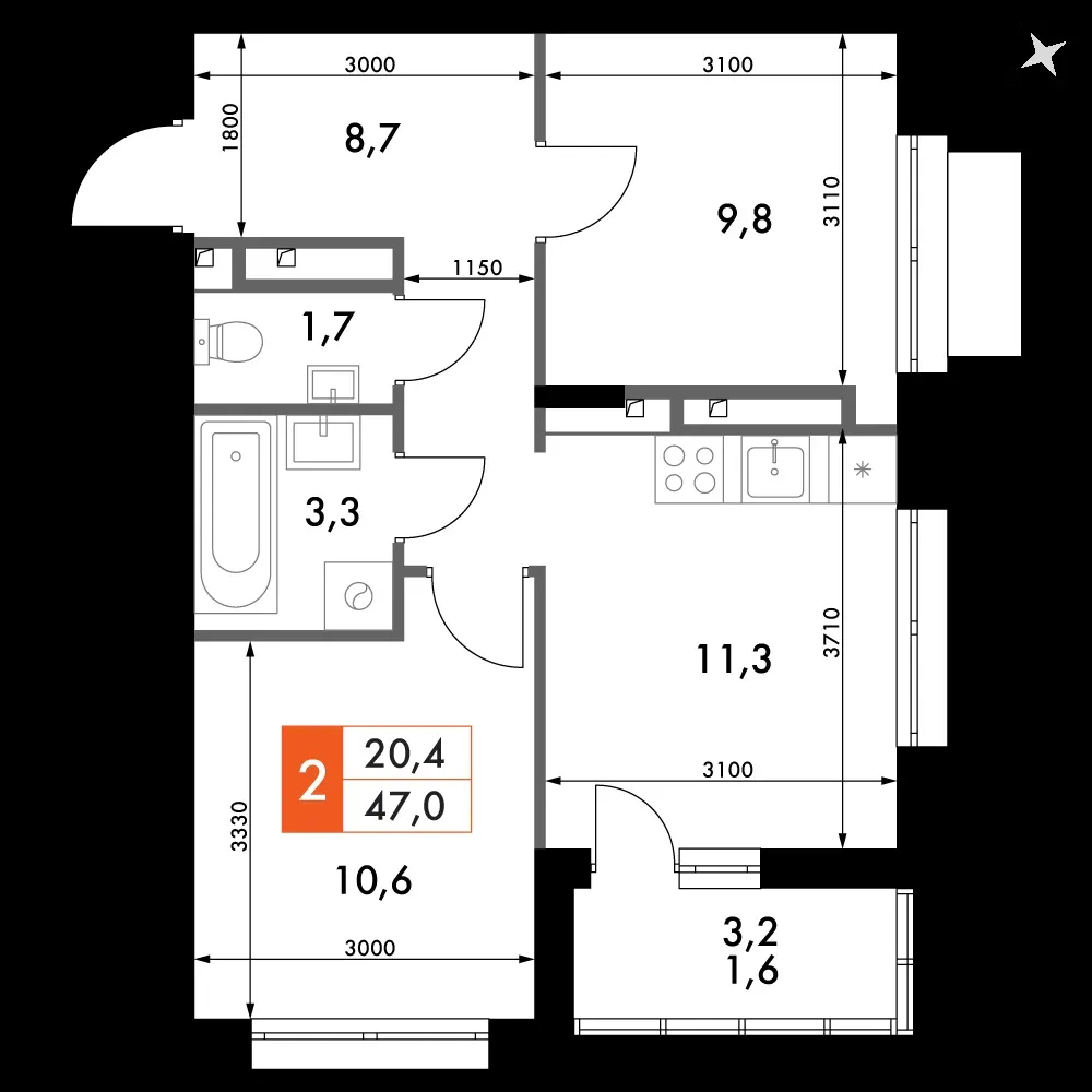 2-комнатная, 47,6 м² — 8 675 657 ₽