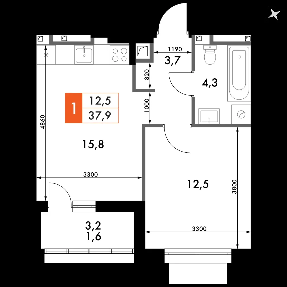 1-комнатная, 38 м² — 7 284 463 ₽
