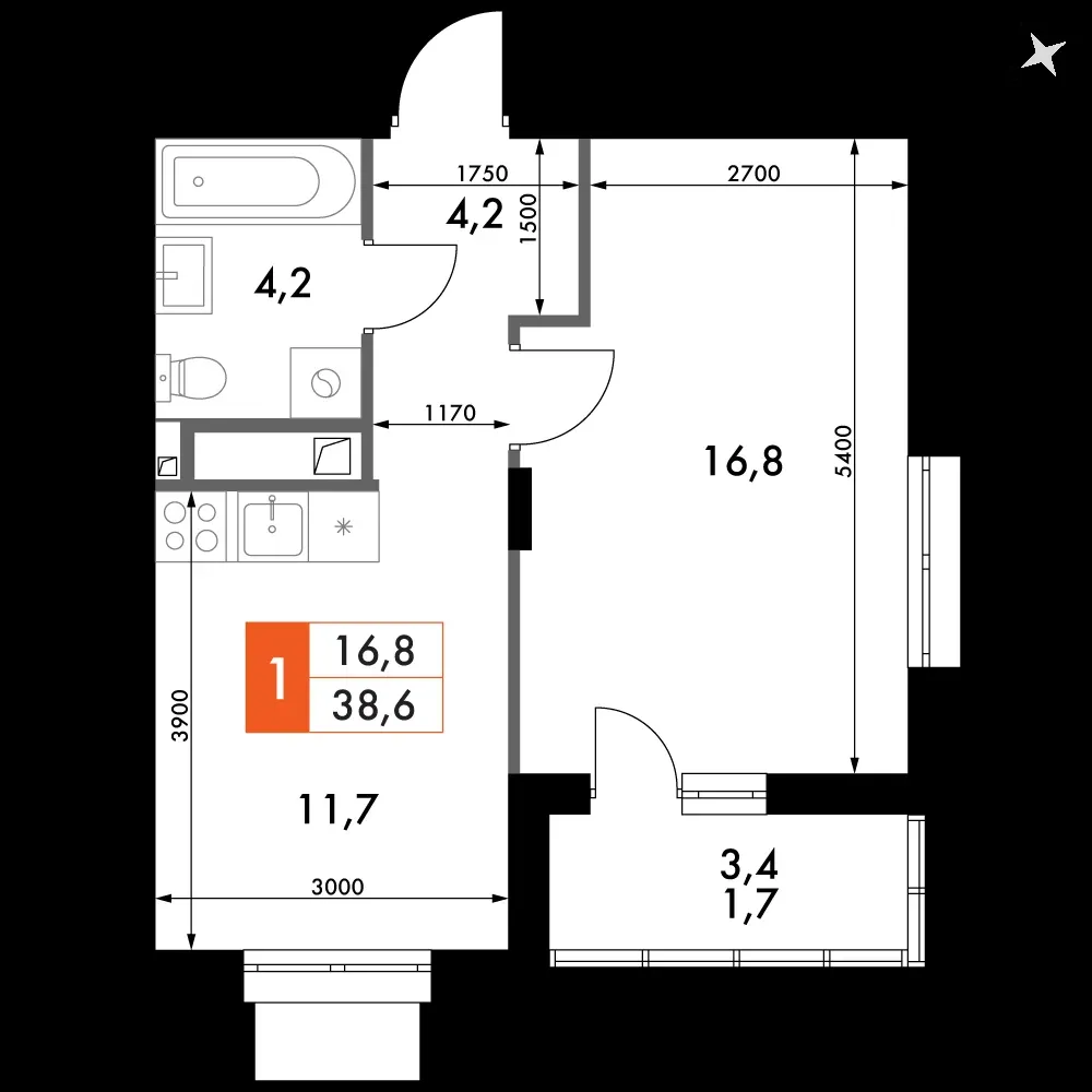 1-комнатная, 38,6 м² — 7 400 801 ₽