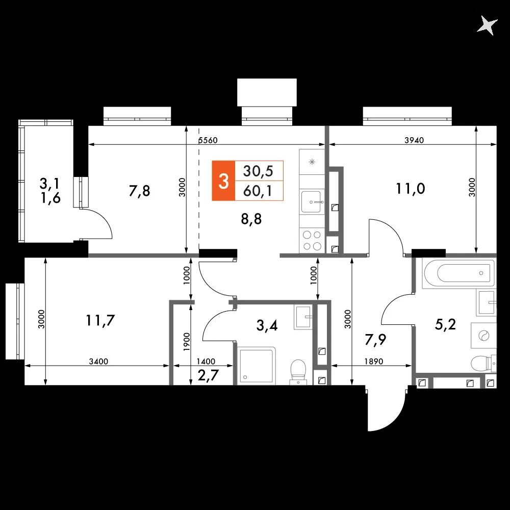 3-комнатная, 60,6 м² — 10 487 006 ₽
