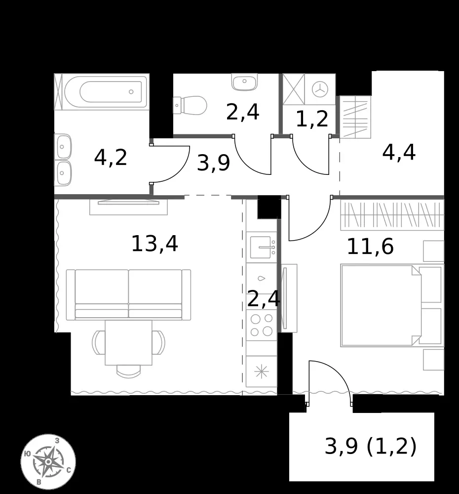 2-комнатная, 44,7 м² — 17 155 949 ₽