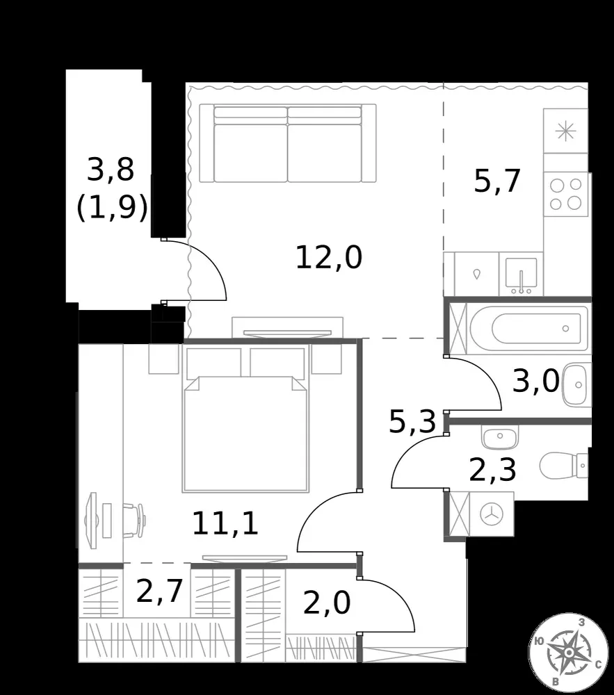 2-комнатная, 46 м² — 18 365 592 ₽