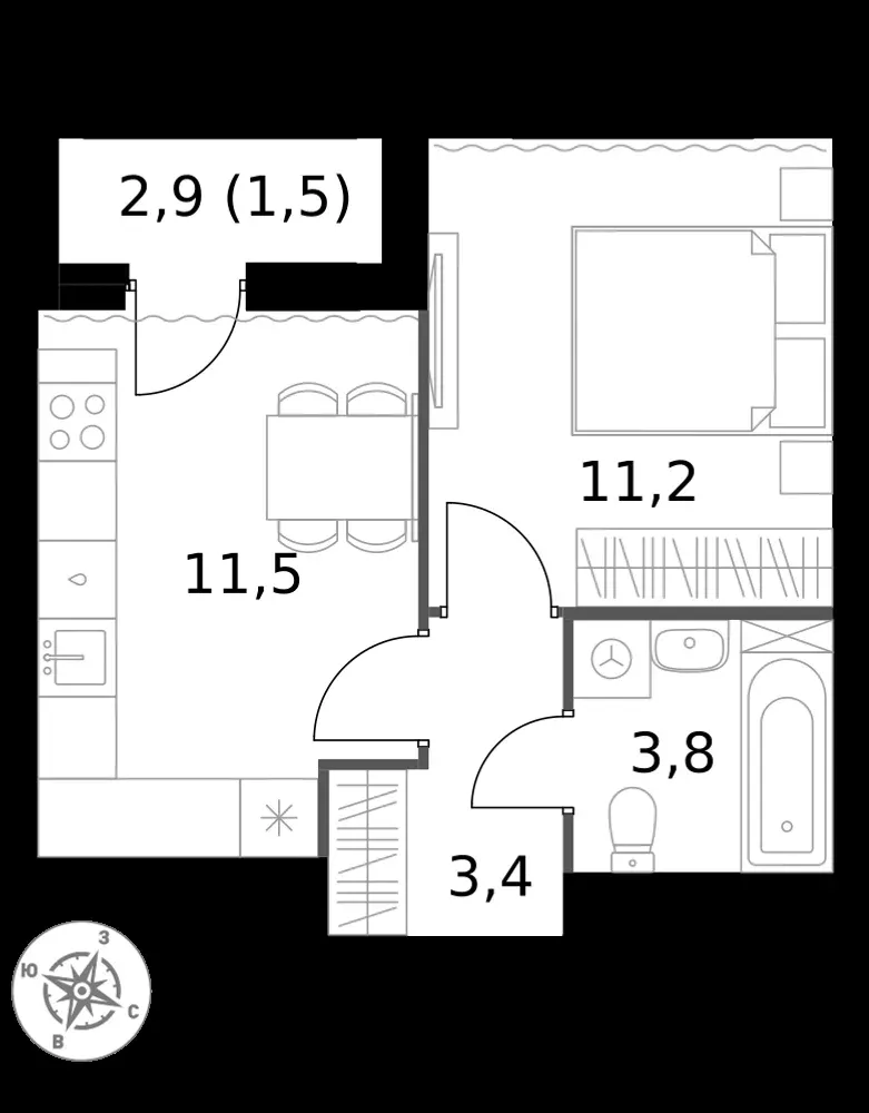 1-комнатная, 31,4 м² — 16 078 370 ₽