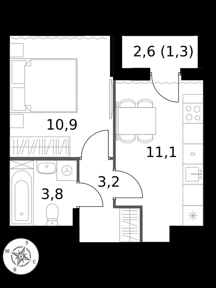 1-комнатная, 30,3 м² — 15 500 723 ₽