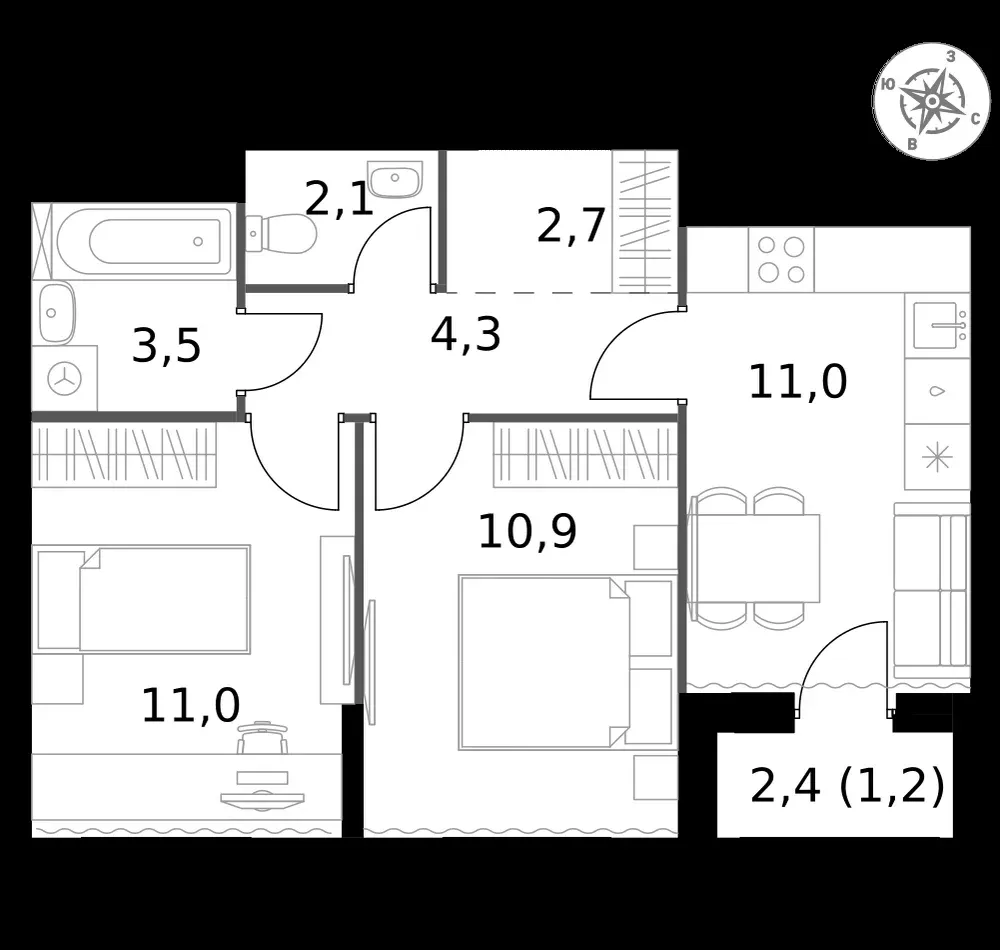 2-комнатная, 46,7 м² — 18 794 555 ₽