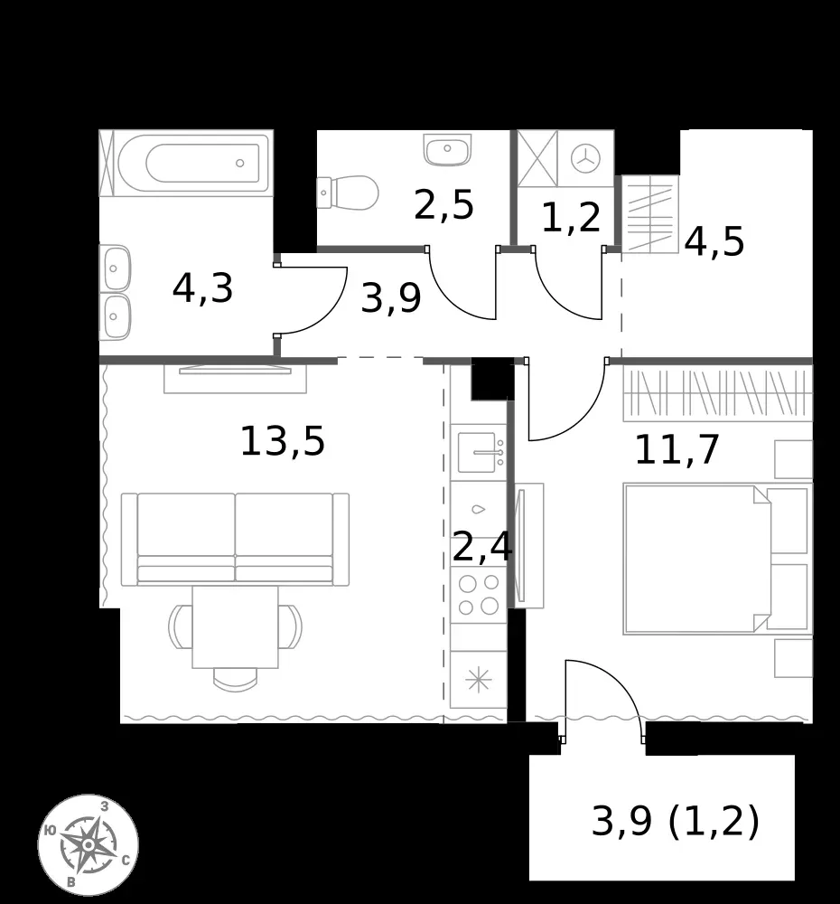 2-комнатная, 45,2 м² — 17 496 558 ₽