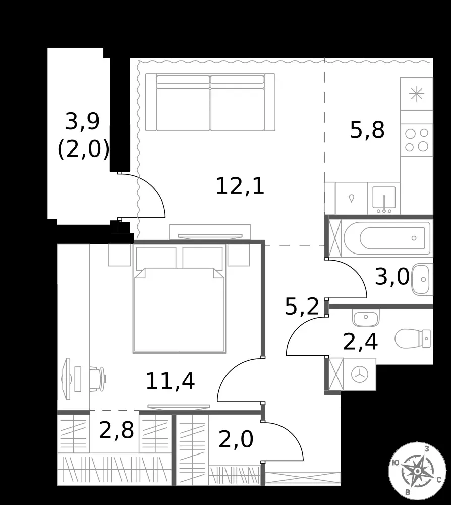 2-комнатная, 46,7 м² — 18 758 316 ₽