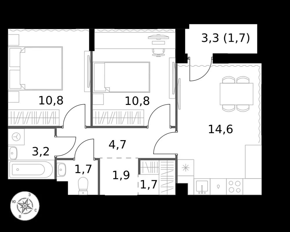 2-комнатная, 51,1 м² — 19 970 544 ₽