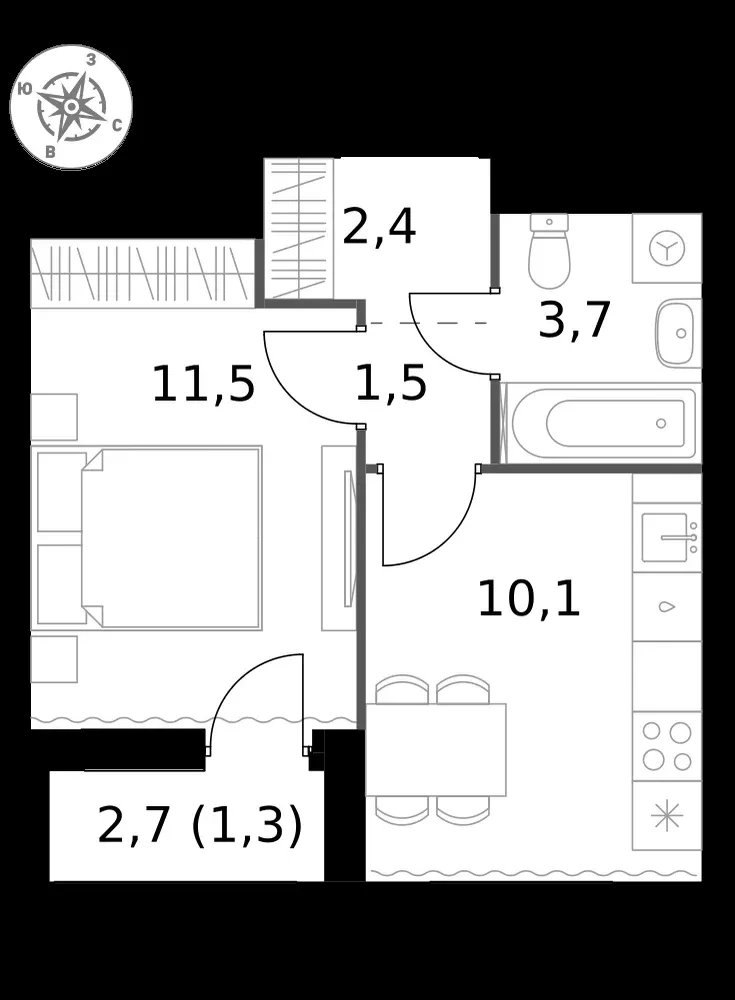 1-комнатная, 30,5 м² — 15 484 240 ₽