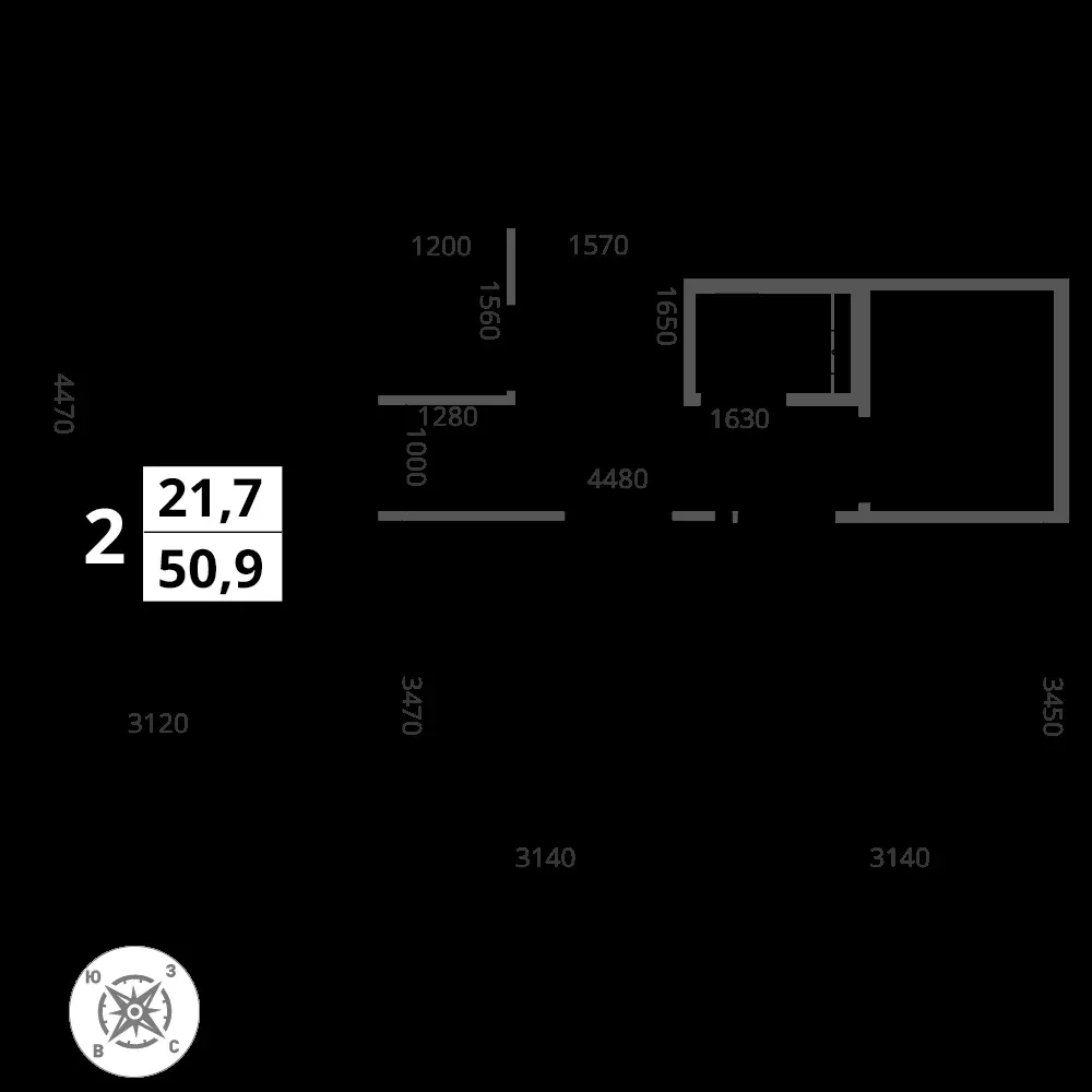 2-комнатная, 50,9 м² — 15 280 384 ₽