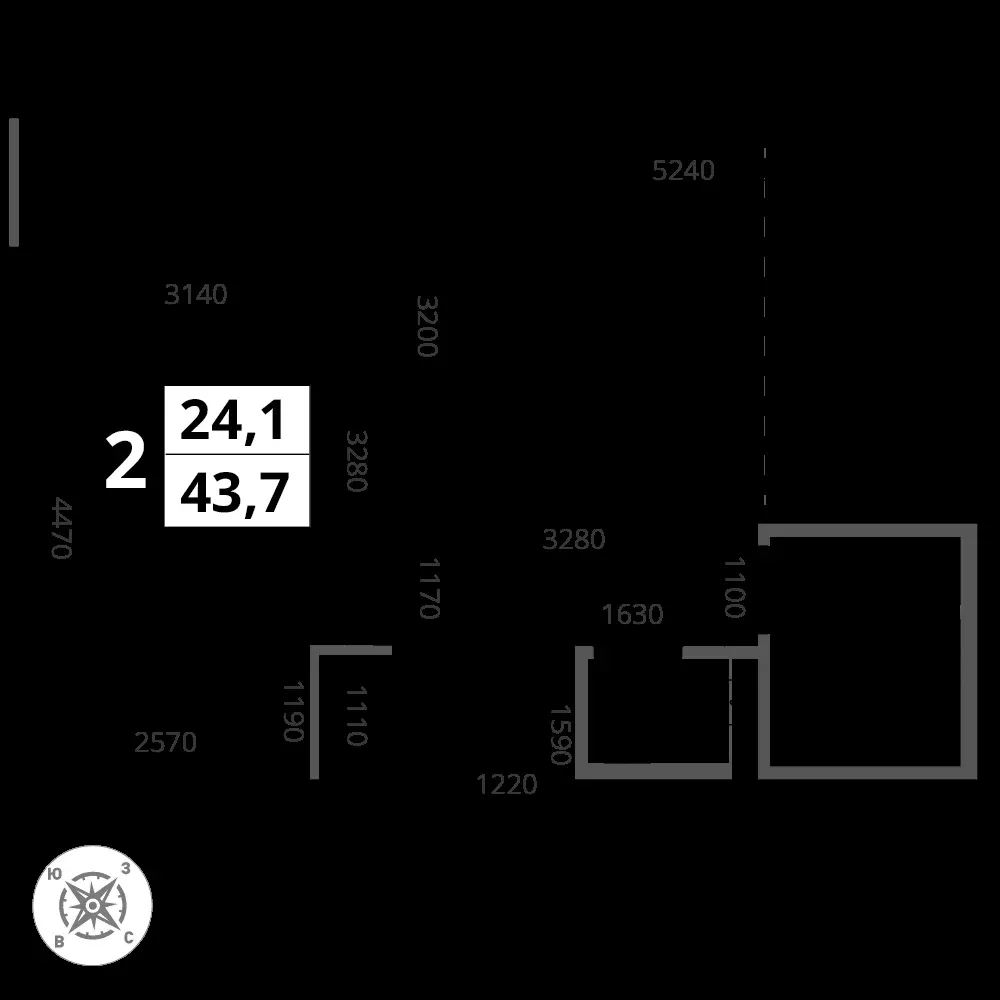 2-комнатная, 43,7 м² — 14 888 590 ₽