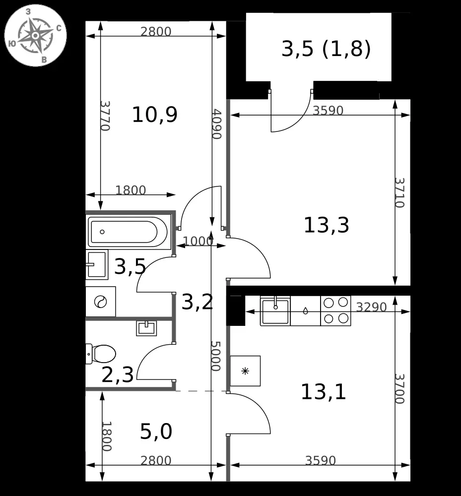 2-комнатная, 53,1 м² — 11 587 376 ₽