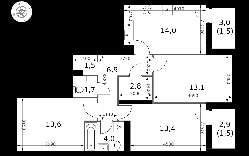 3-комнатная, 74 м² — 15 708 720 ₽