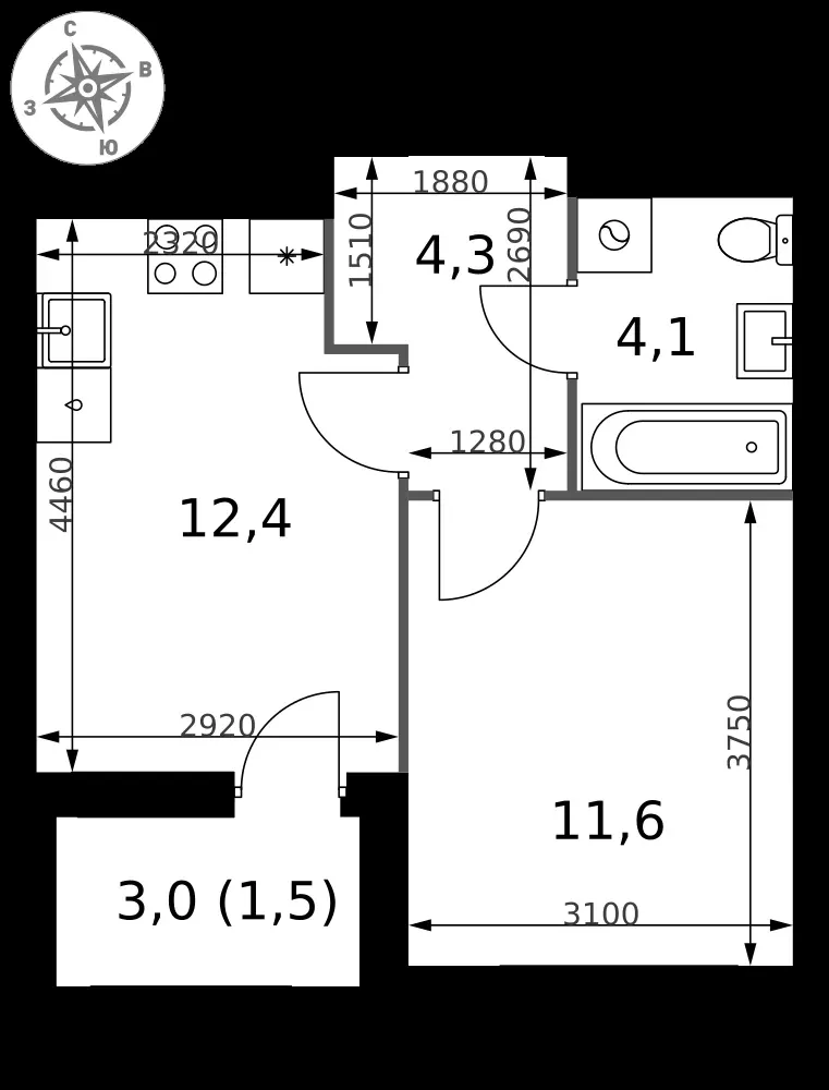 1-комнатная, 33,9 м² — 8 027 486 ₽