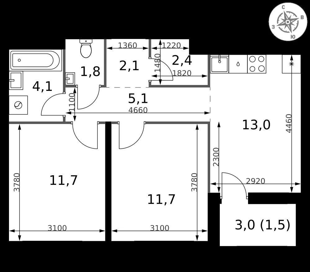 2-комнатная, 53,4 м² — 12 216 852 ₽