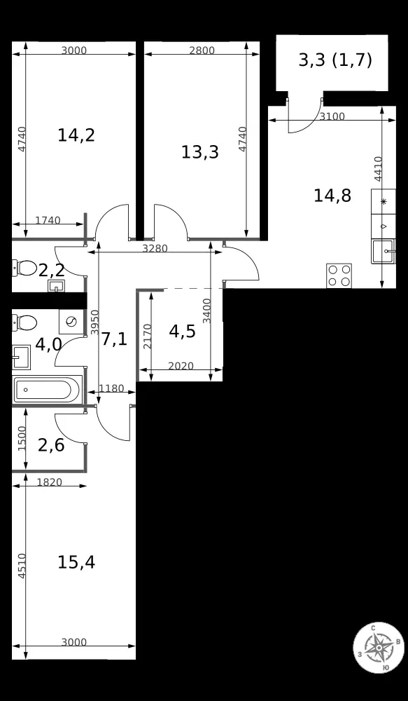 3-комнатная, 79,8 м² — 14 919 408 ₽