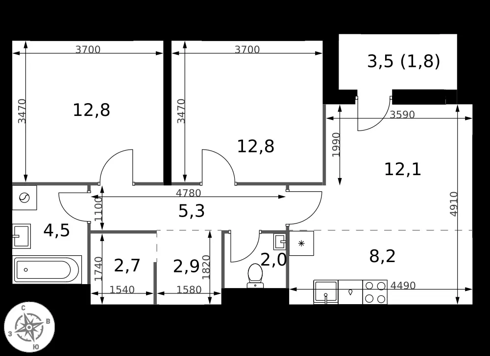 3-комнатная, 65,1 м² — 13 938 952 ₽