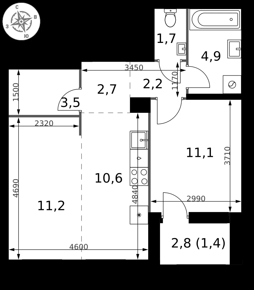 2-комнатная, 49,3 м² — 10 999 915 ₽