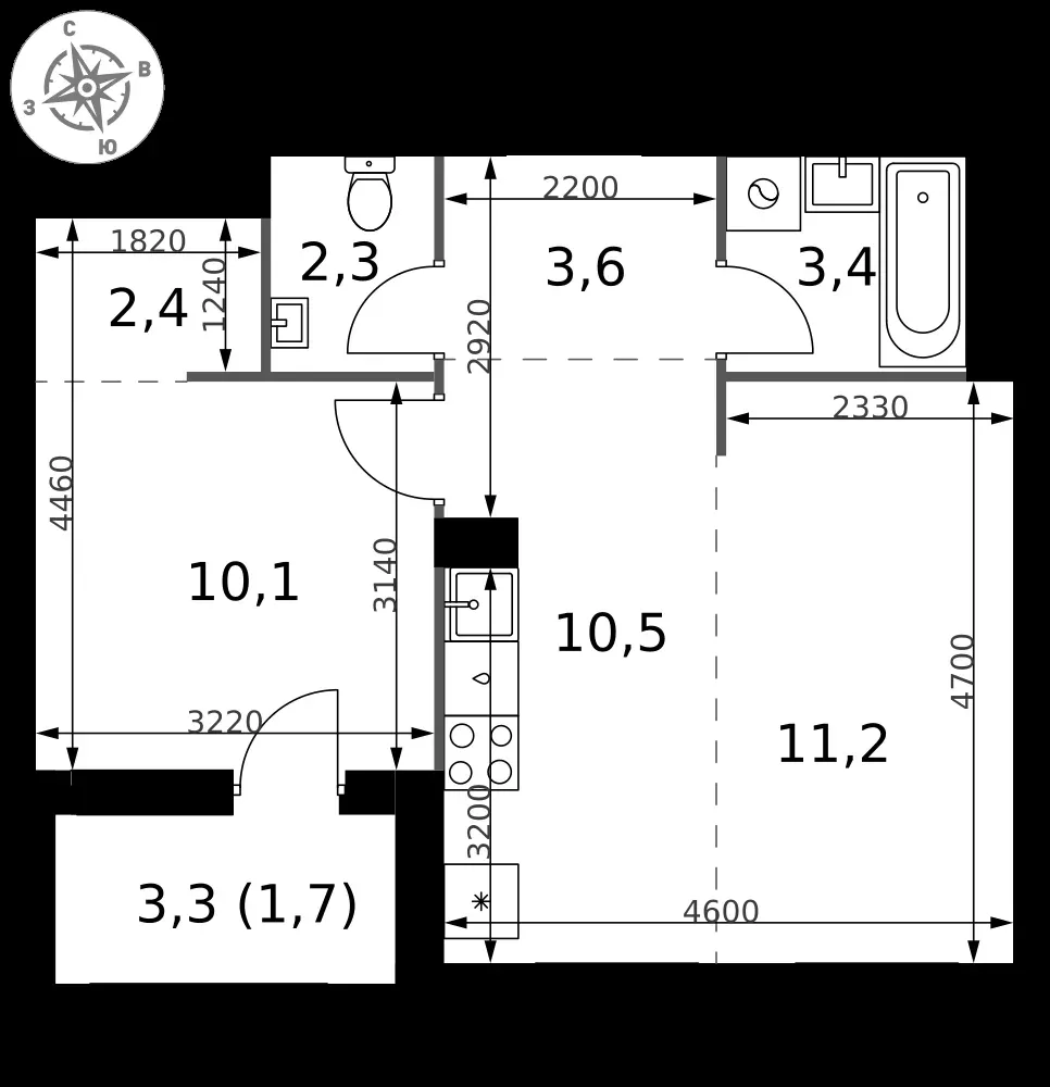 2-комнатная, 45,2 м² — 10 485 677 ₽