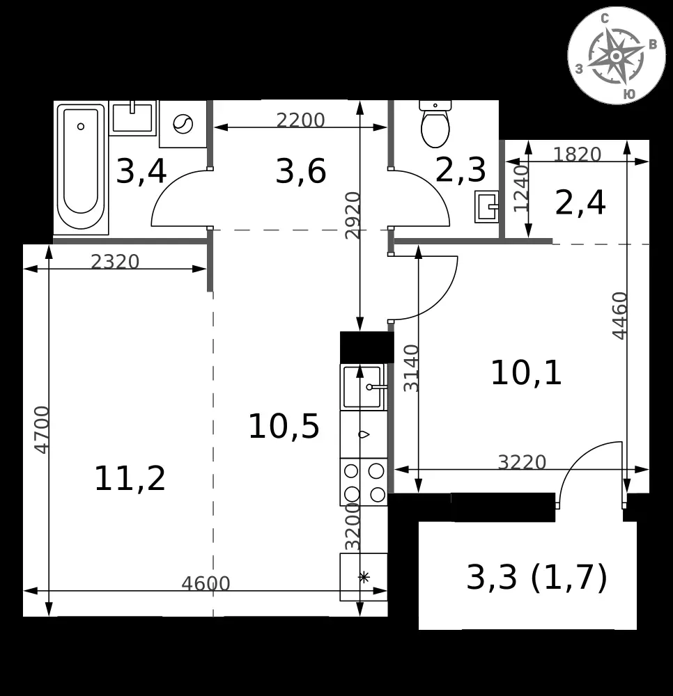 2-комнатная, 45,2 м² — 10 364 857 ₽