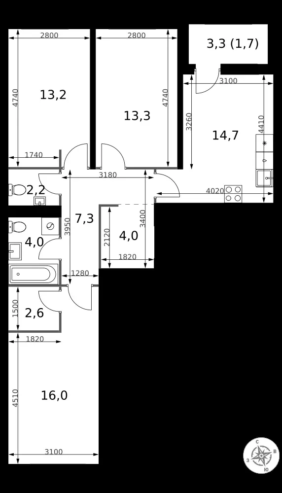 3-комнатная, 79 м² — 14 978 400 ₽