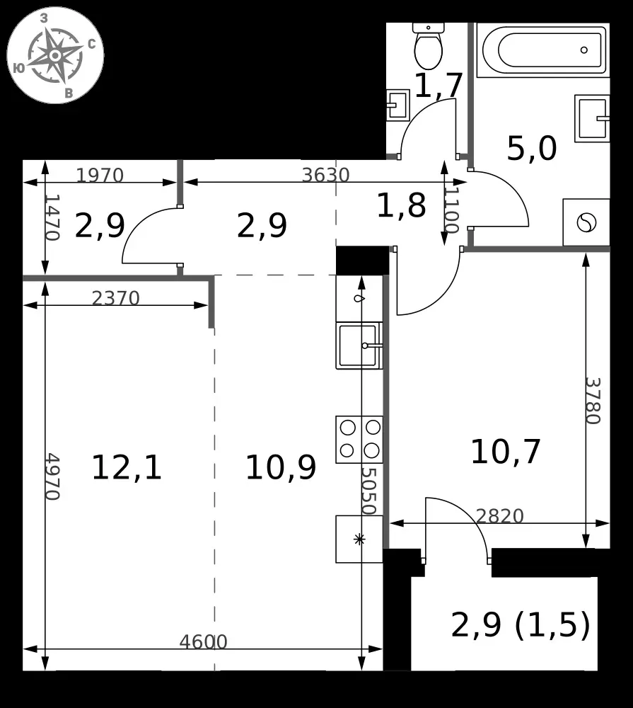 2-комнатная, 49,5 м² — 10 481 625 ₽