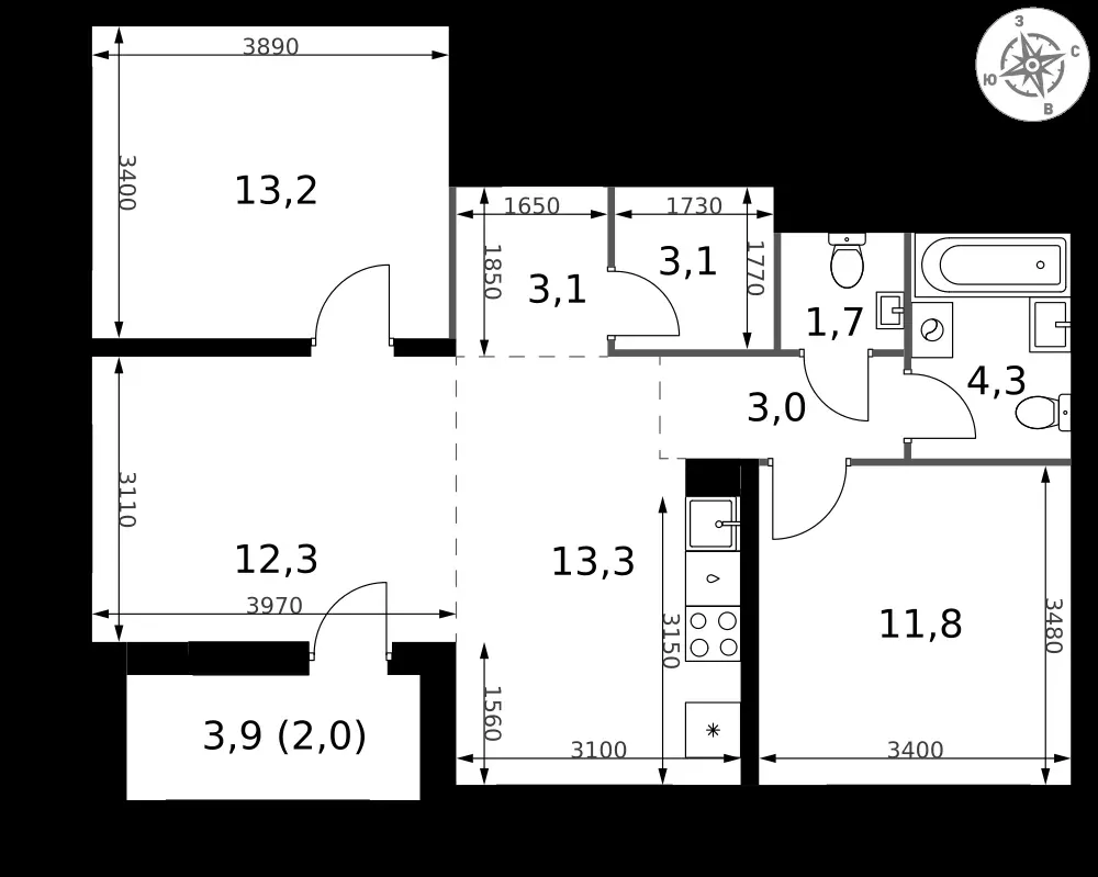 3-комнатная, 67,8 м² — 14 169 658 ₽