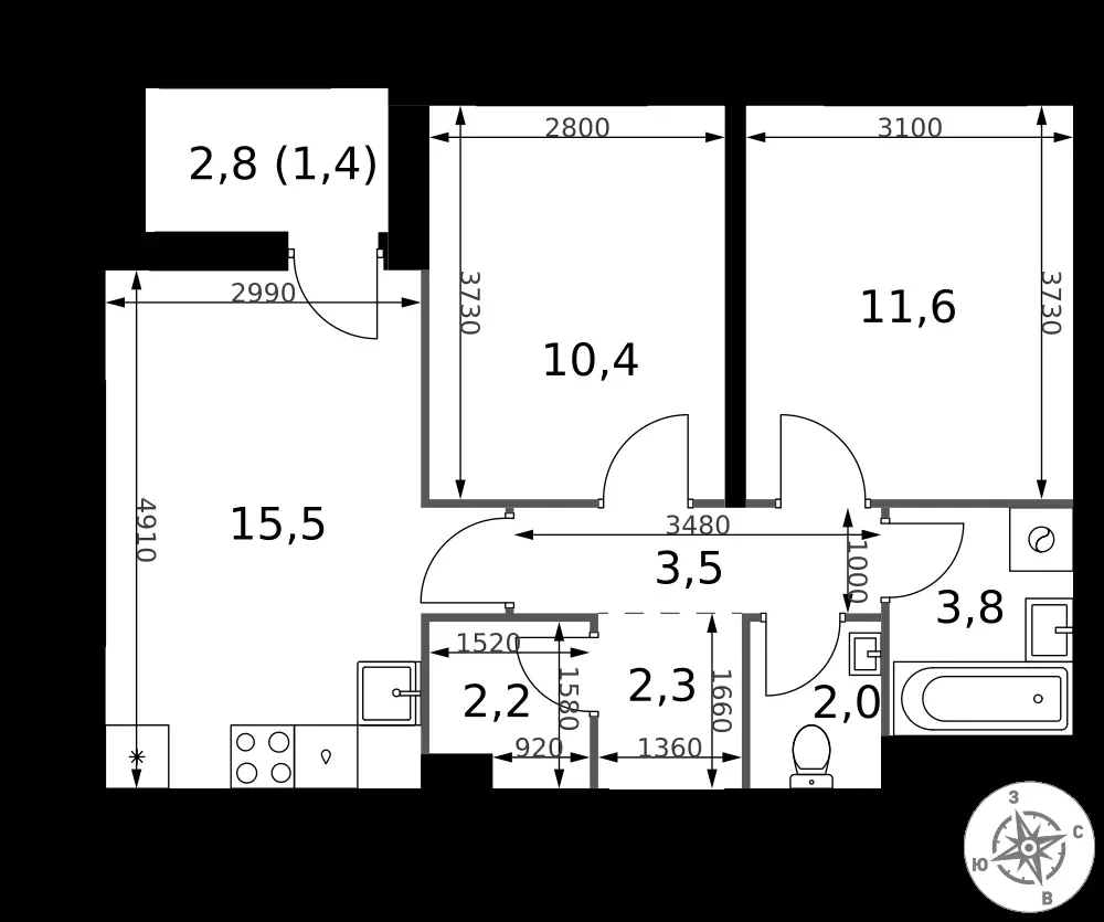 2-комнатная, 52,7 м² — 12 246 848 ₽