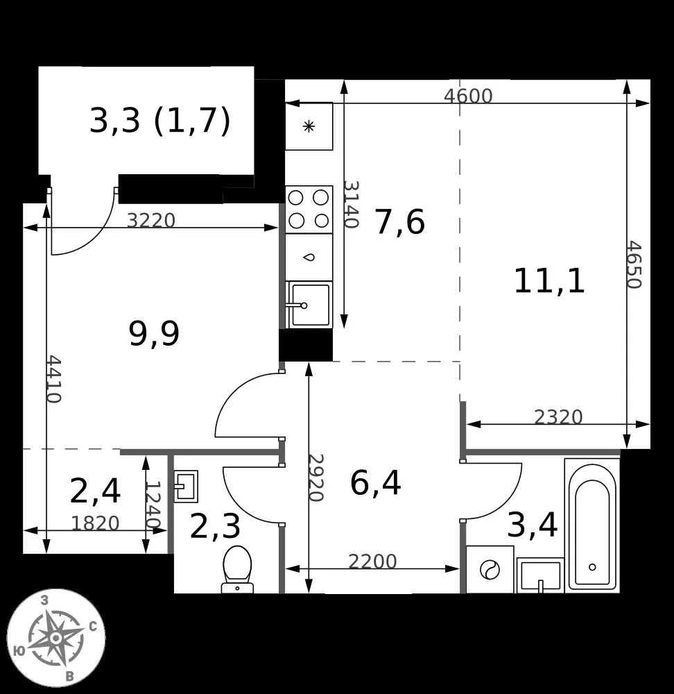 2-комнатная, 44,8 м² — 10 630 906 ₽